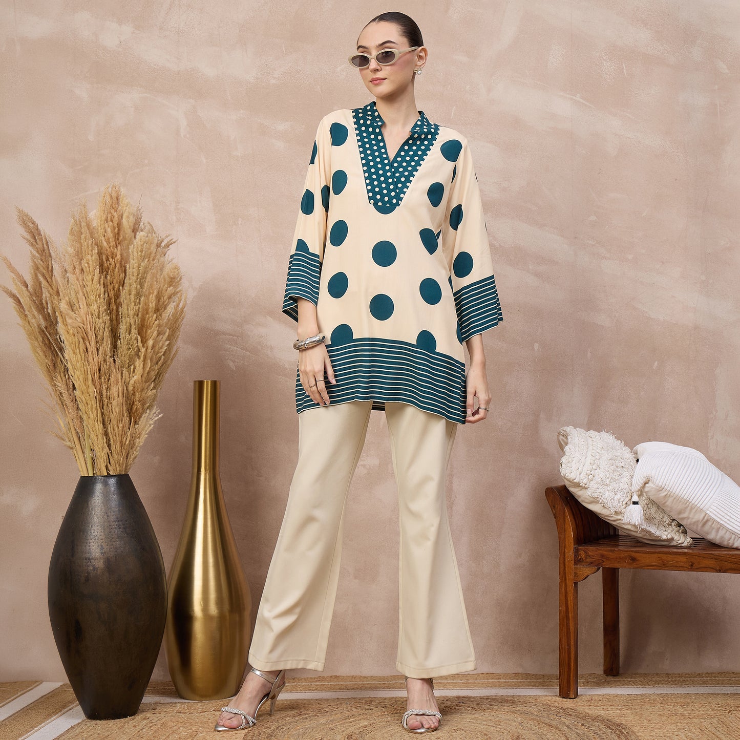 Cream and Blue Geometric Print Kurta for Women – Viscose Rayon – Front View | First Resort by Ramola Bachchan