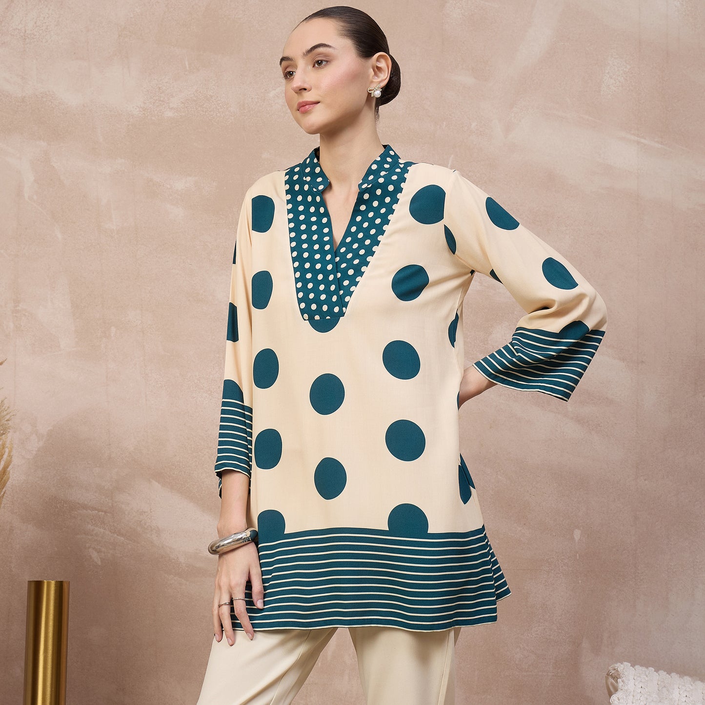 Cream and Blue Geometric Print Kurta for Women – Viscose Rayon – Model View | First Resort by Ramola Bachchan
