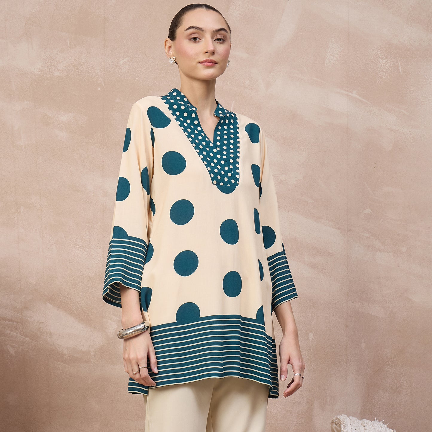Cream and Blue Geometric Print Kurta for Women – Viscose Rayon – Side View | First Resort by Ramola Bachchan