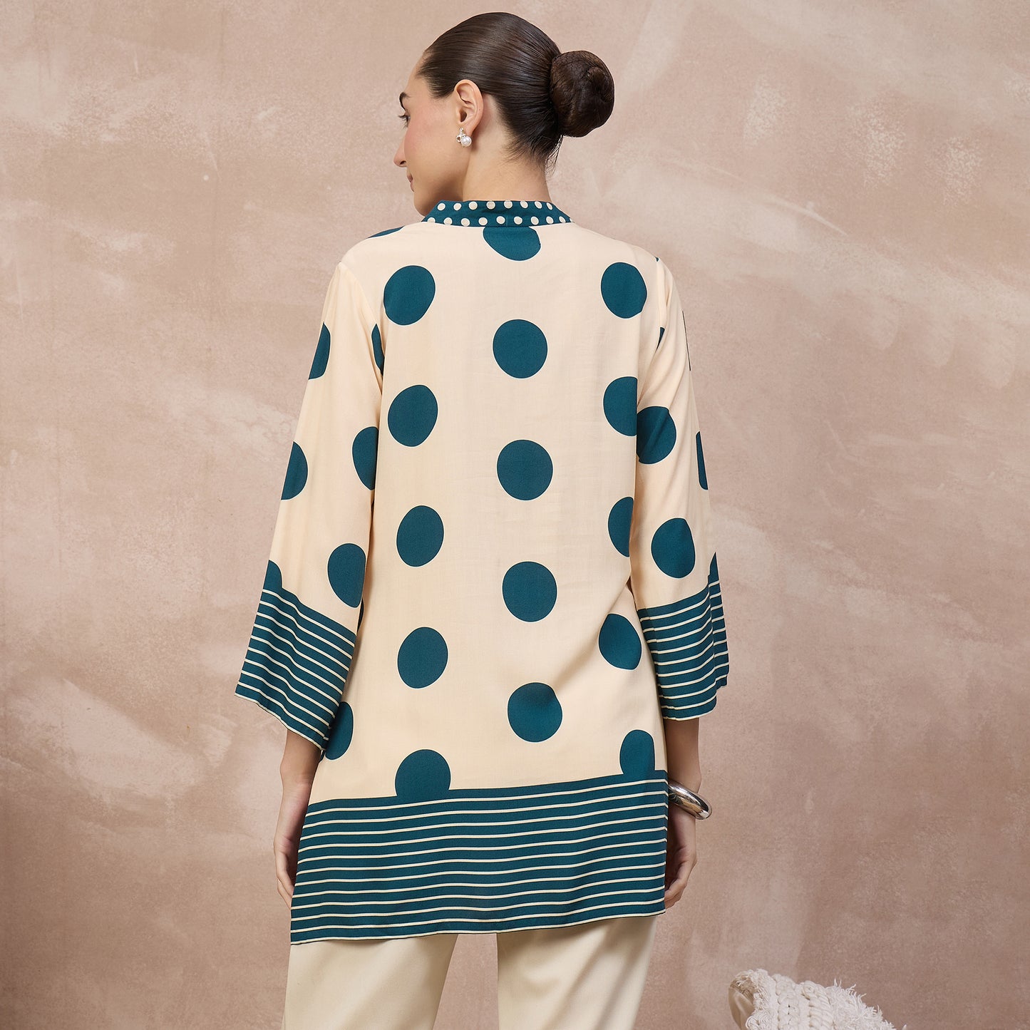Cream and Blue Geometric Print Kurta for Women – Viscose Rayon – Detail View | First Resort by Ramola Bachchan