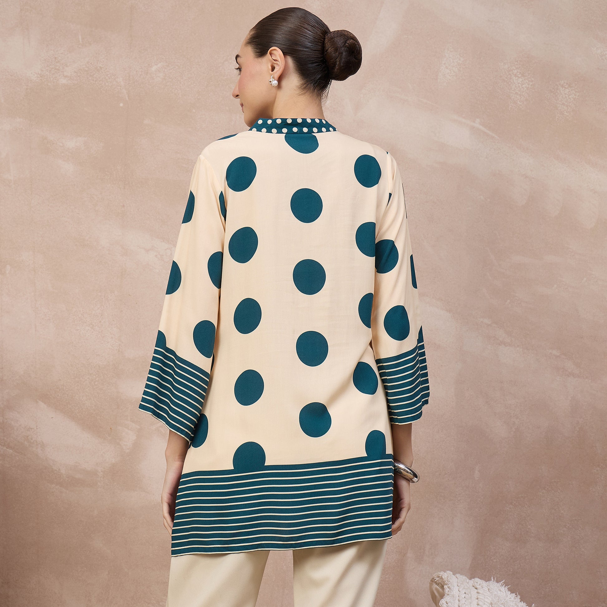 Cream and Blue Geometric Print Kurta for Women – Viscose Rayon – Detail View | First Resort by Ramola Bachchan