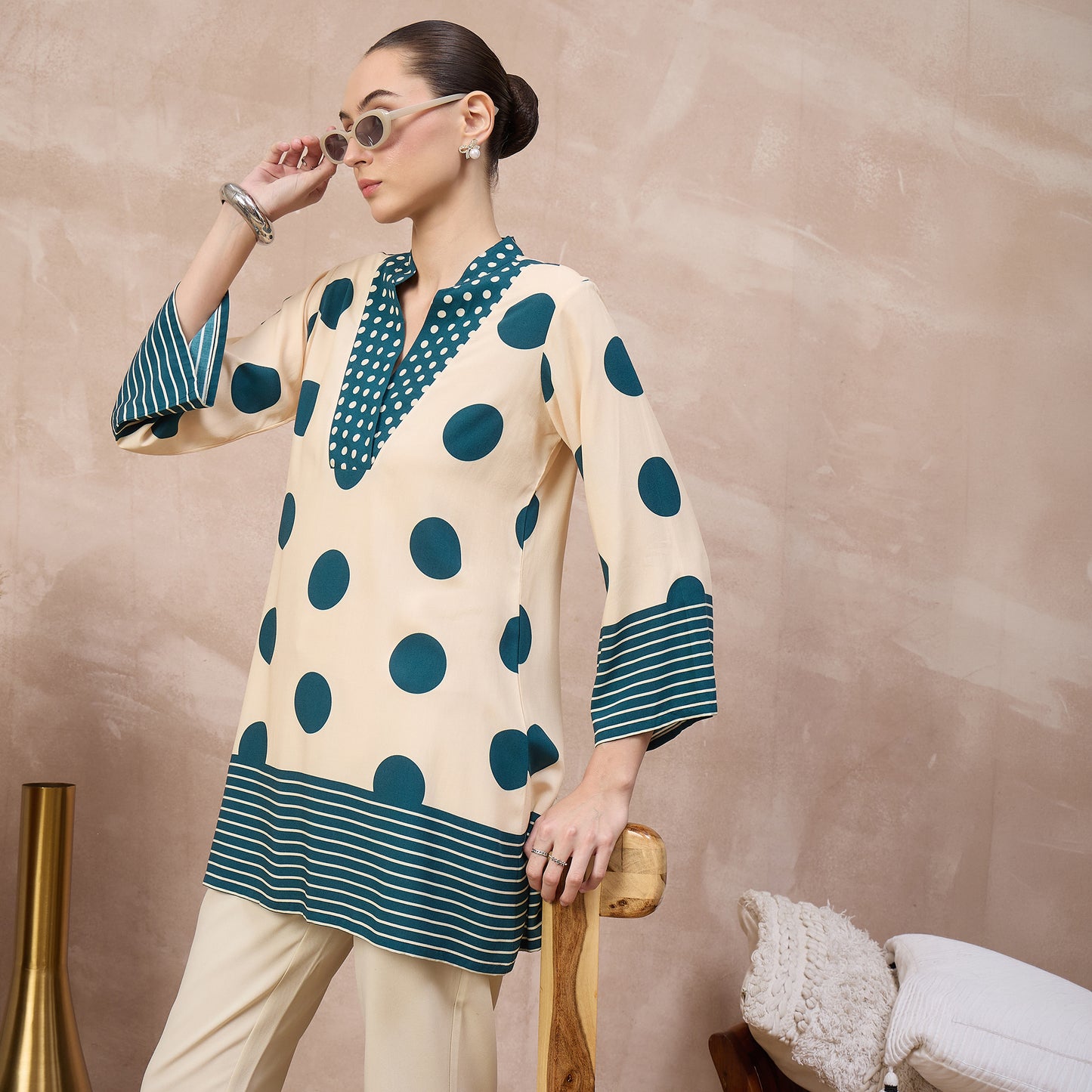 Cream and Blue Geometric Print Kurta for Women – Viscose Rayon – Back View | First Resort by Ramola Bachchan