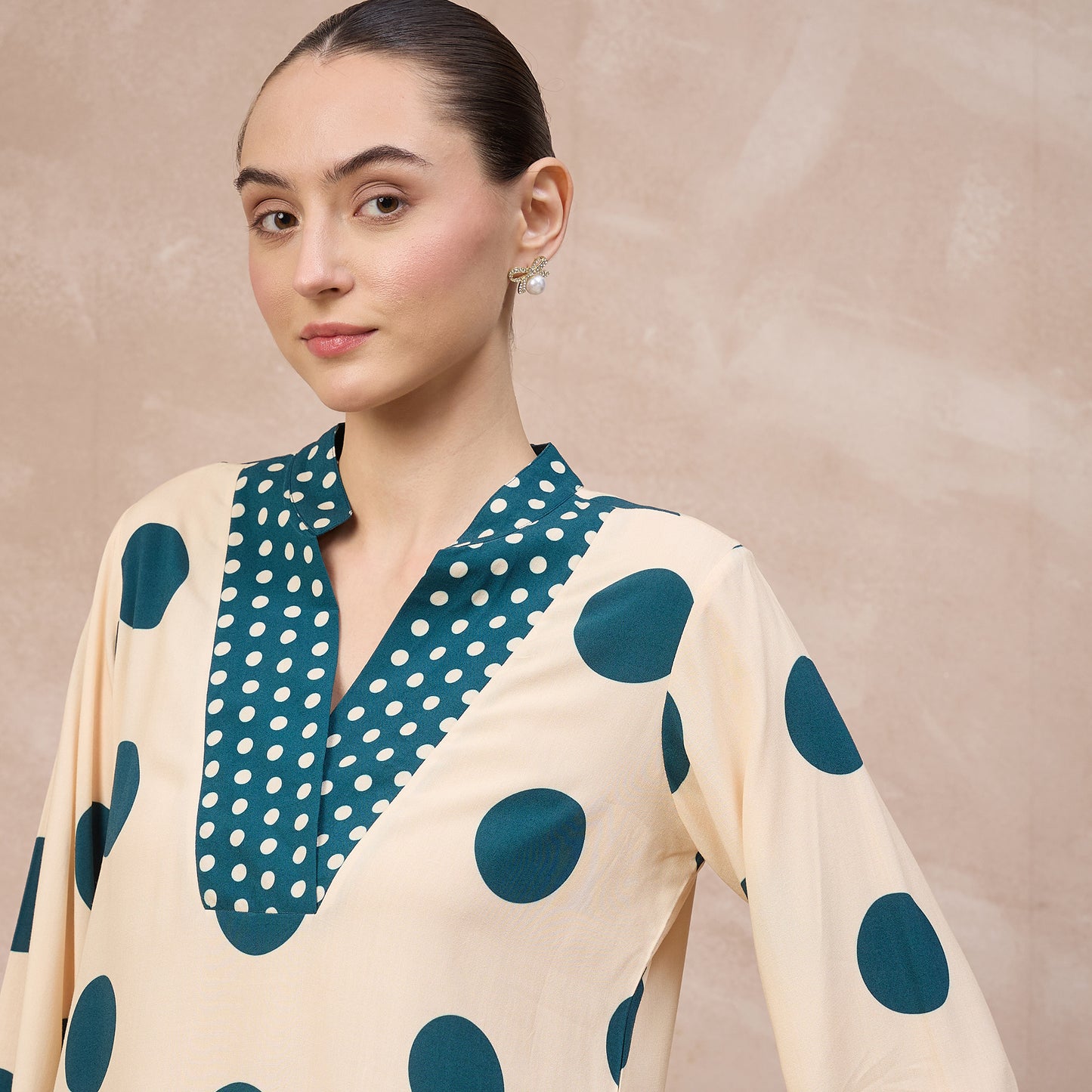 Cream and Blue Geometric Print Kurta for Women – Viscose Rayon – Close Up | First Resort by Ramola Bachchan