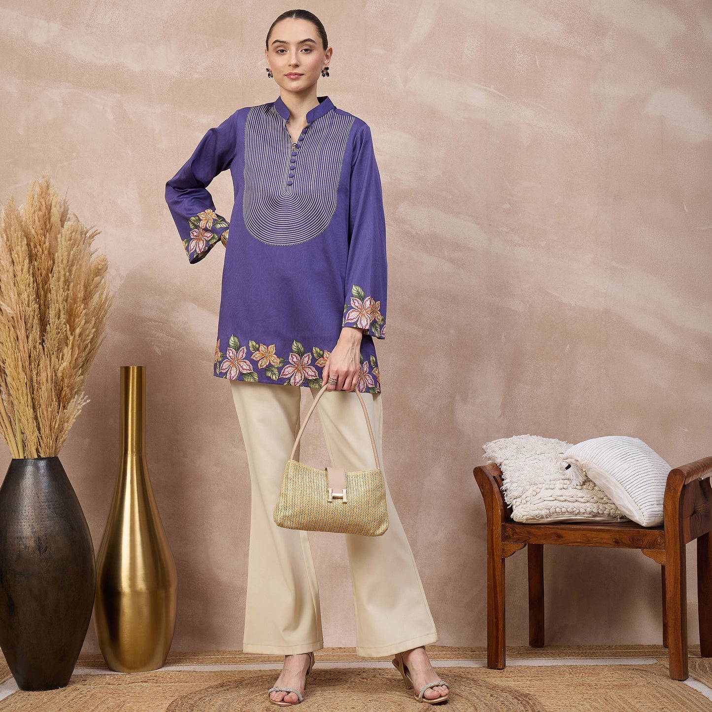 Purple Floral Print Kurta for Women – Cotton Satin – Front View | First Resort by Ramola Bachchan