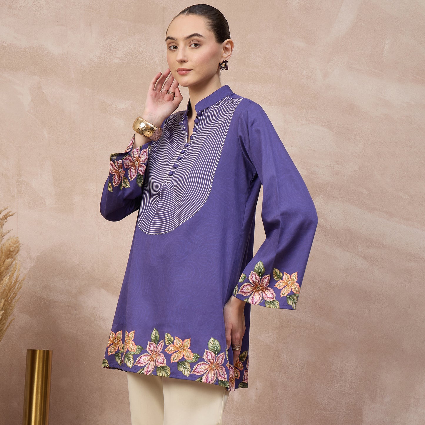 Purple Floral Print Kurta for Women – Cotton Satin – Model View | First Resort by Ramola Bachchan