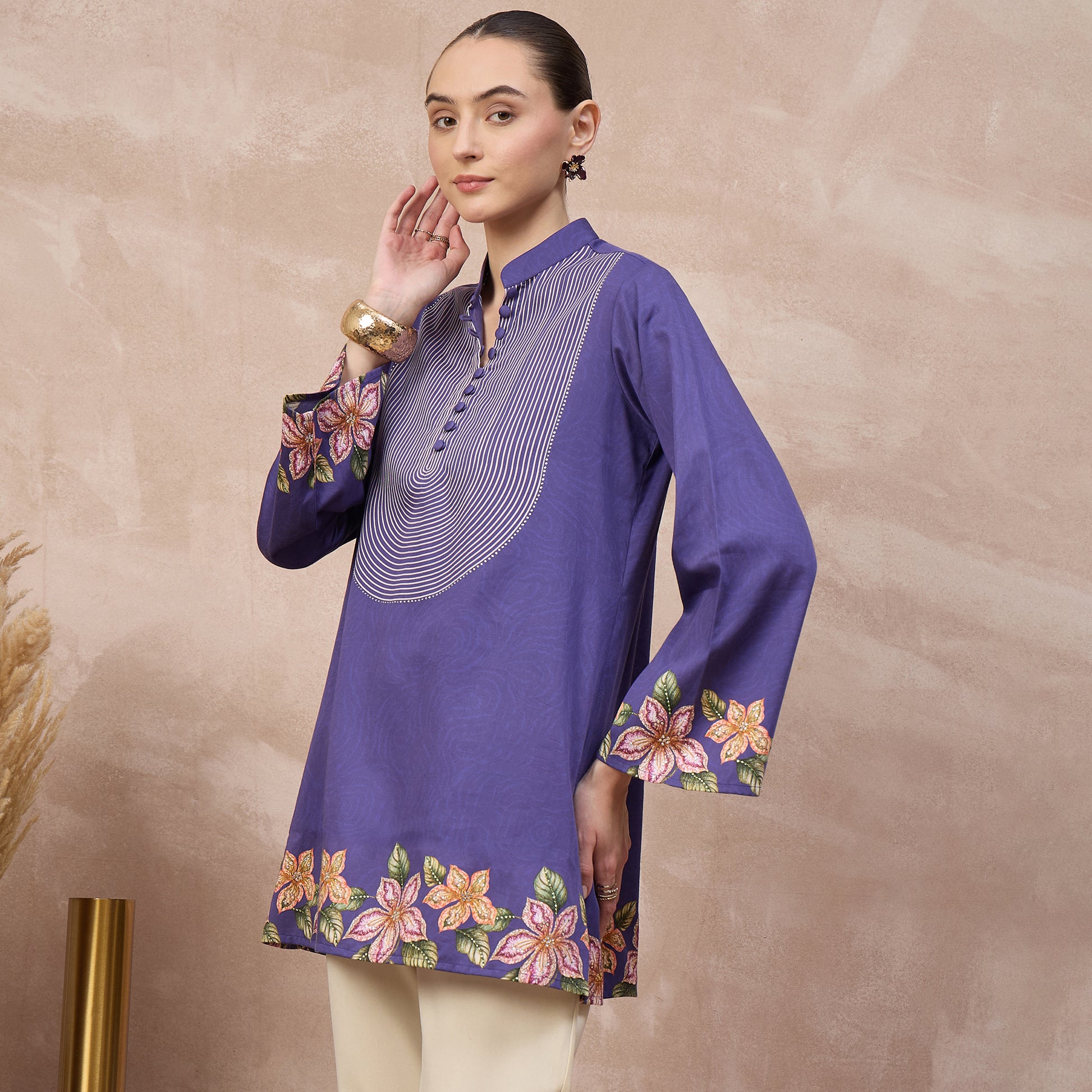 Purple Floral Print Kurta for Women – Cotton Satin – Model View | First Resort by Ramola Bachchan