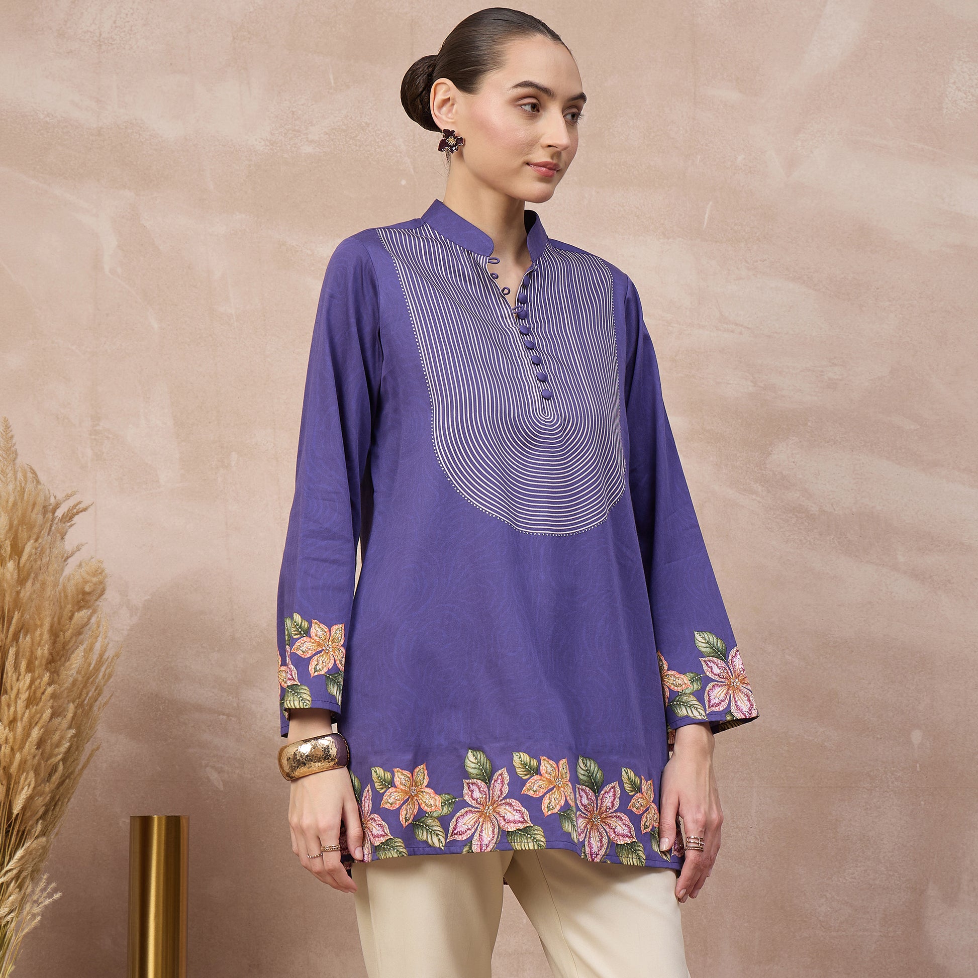 Purple Floral Print Kurta for Women – Cotton Satin – Side View | First Resort by Ramola Bachchan