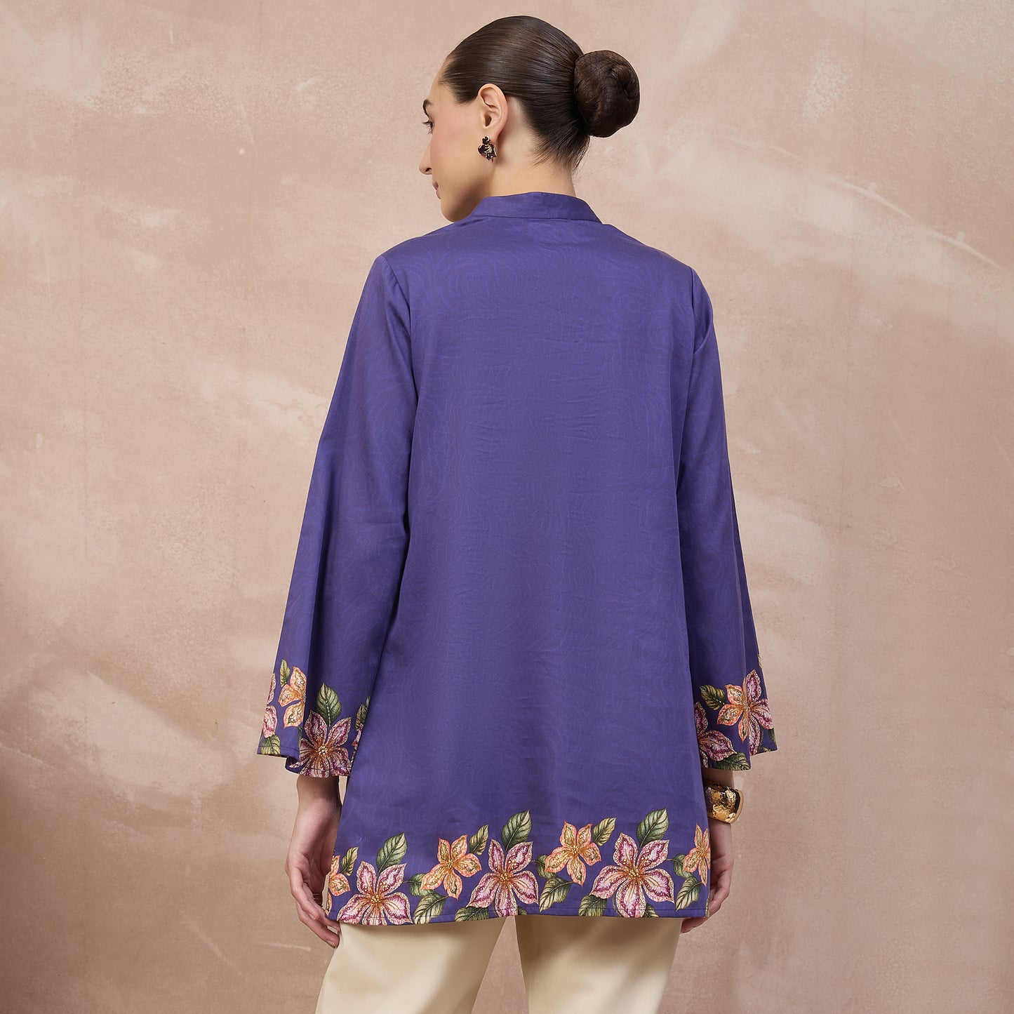 Purple Floral Print Kurta for Women – Cotton Satin – Detail View | First Resort by Ramola Bachchan