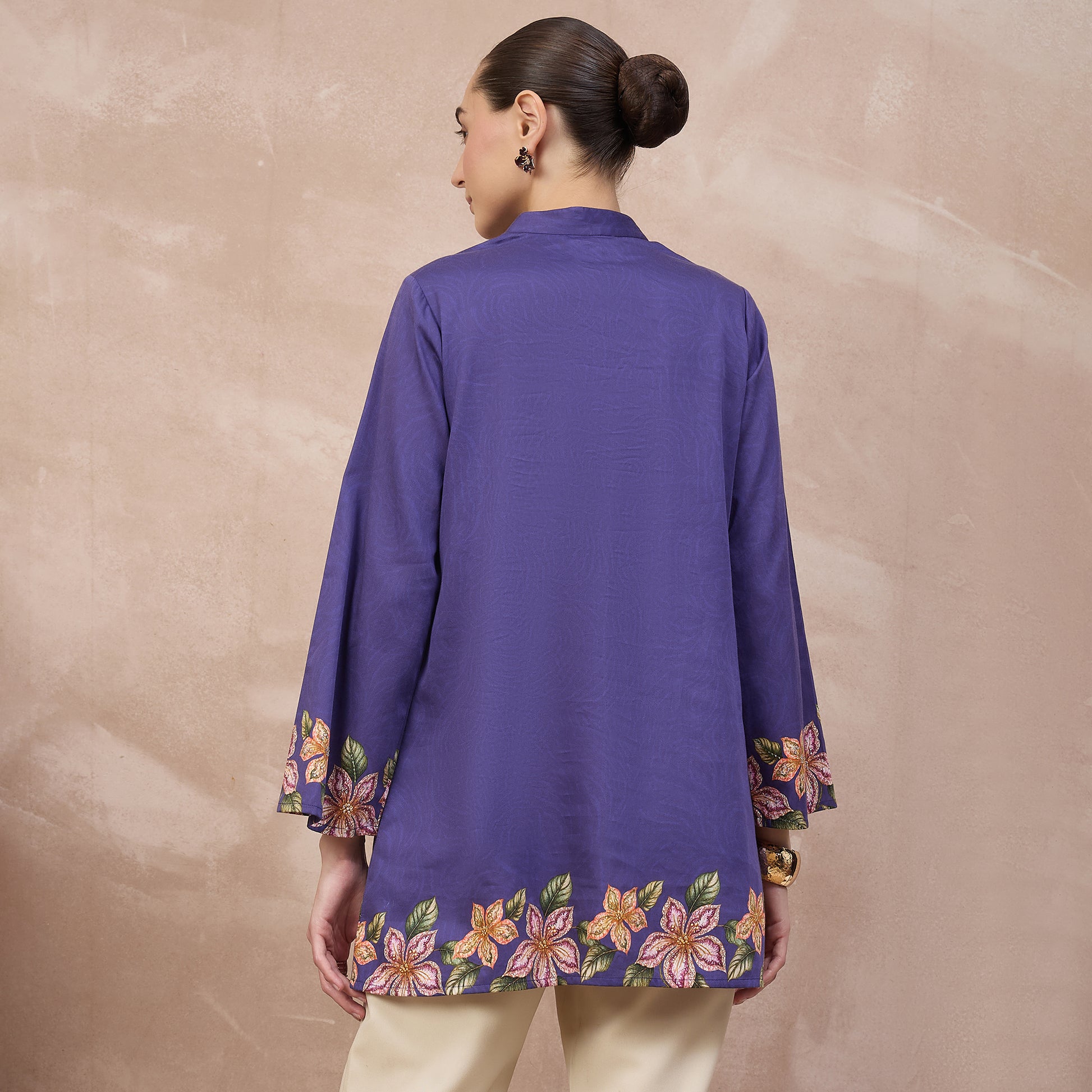 Purple Floral Print Kurta for Women – Cotton Satin – Detail View | First Resort by Ramola Bachchan