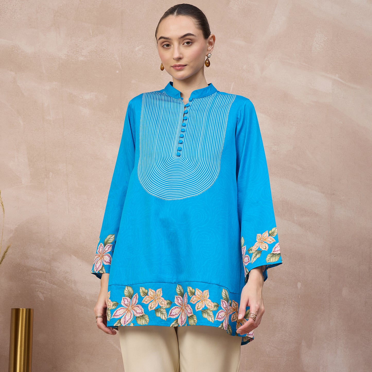 Sky Blue Floral Print Kurta for Women – Cotton Satin | First Resort by Ramola Bachchan