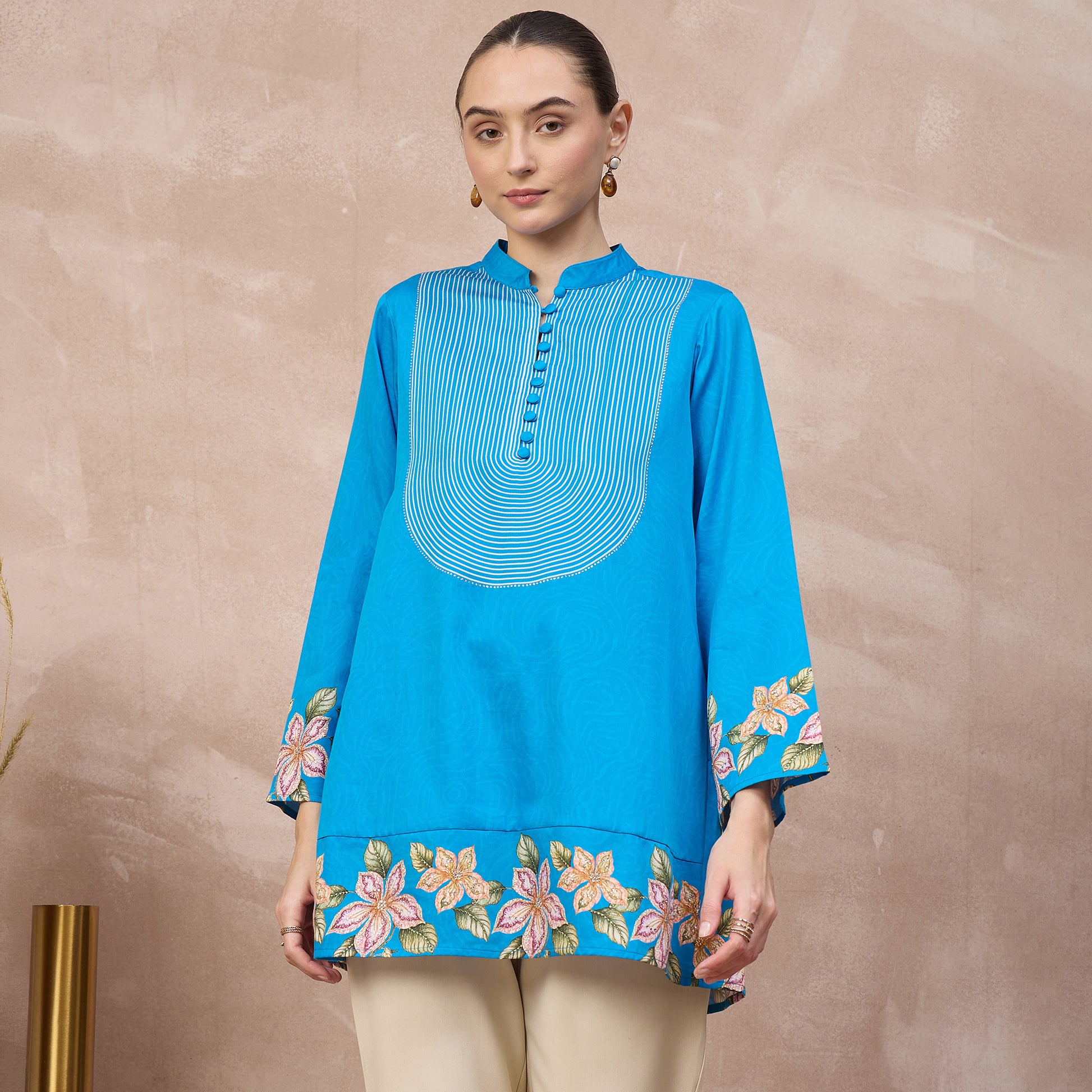 Sky Blue Floral Print Kurta for Women – Cotton Satin | First Resort by Ramola Bachchan