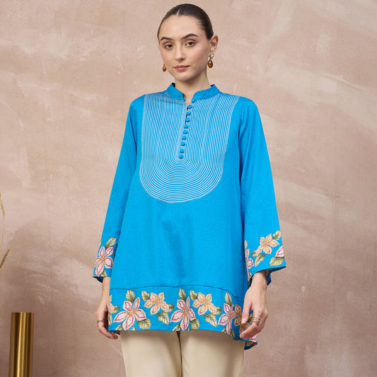 Sky Blue Floral Print Kurta for Women – Cotton Satin | First Resort by Ramola Bachchan