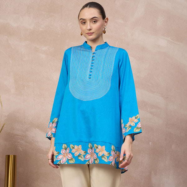 Sky Blue Floral Print Kurta for Women – Cotton Satin | First Resort by Ramola Bachchan