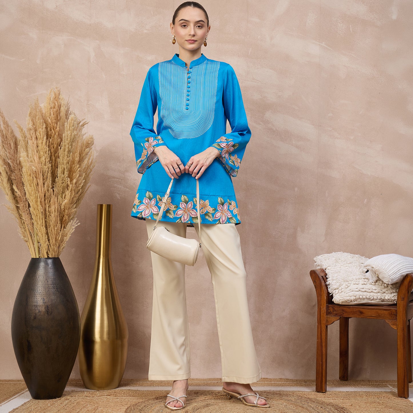 Sky Blue Floral Print Kurta for Women – Cotton Satin – Front View | First Resort by Ramola Bachchan
