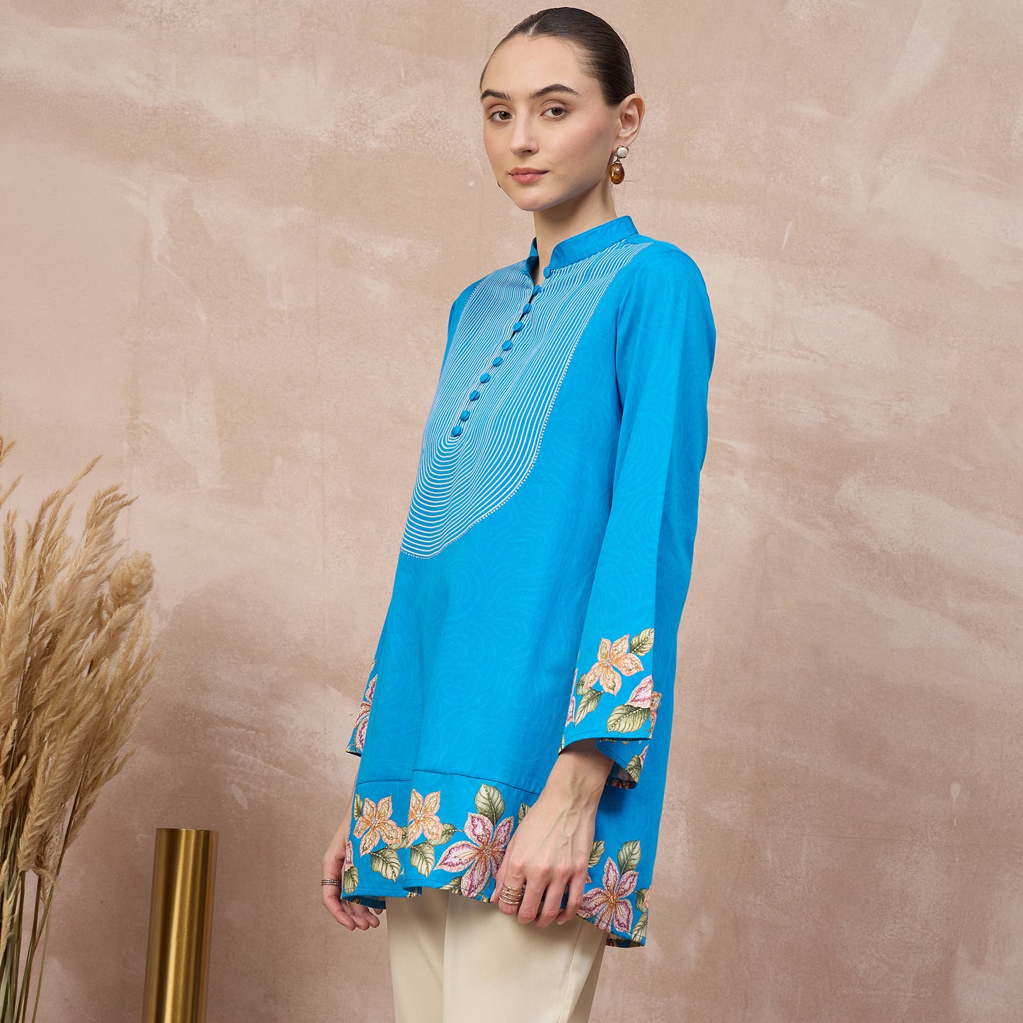 Sky Blue Floral Print Kurta for Women – Cotton Satin – Model View | First Resort by Ramola Bachchan