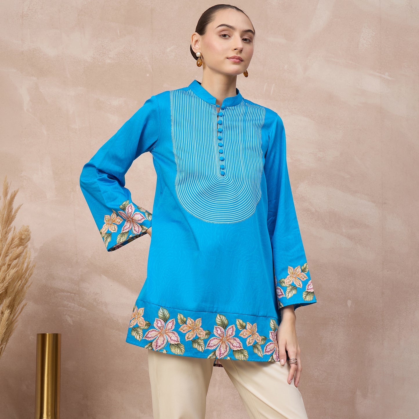 Sky Blue Floral Print Kurta for Women – Cotton Satin – Side View | First Resort by Ramola Bachchan