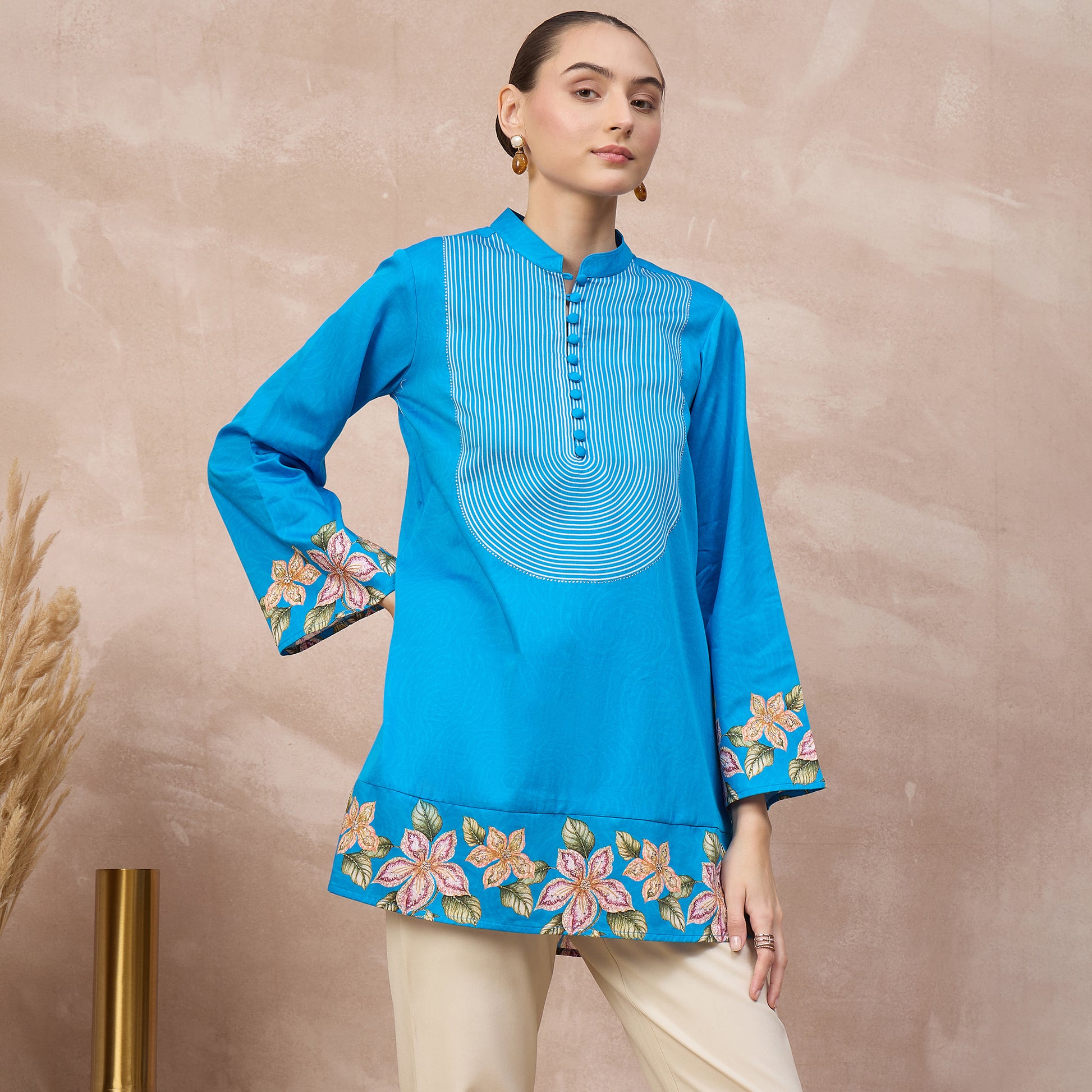 Sky Blue Floral Print Kurta for Women – Cotton Satin – Side View | First Resort by Ramola Bachchan