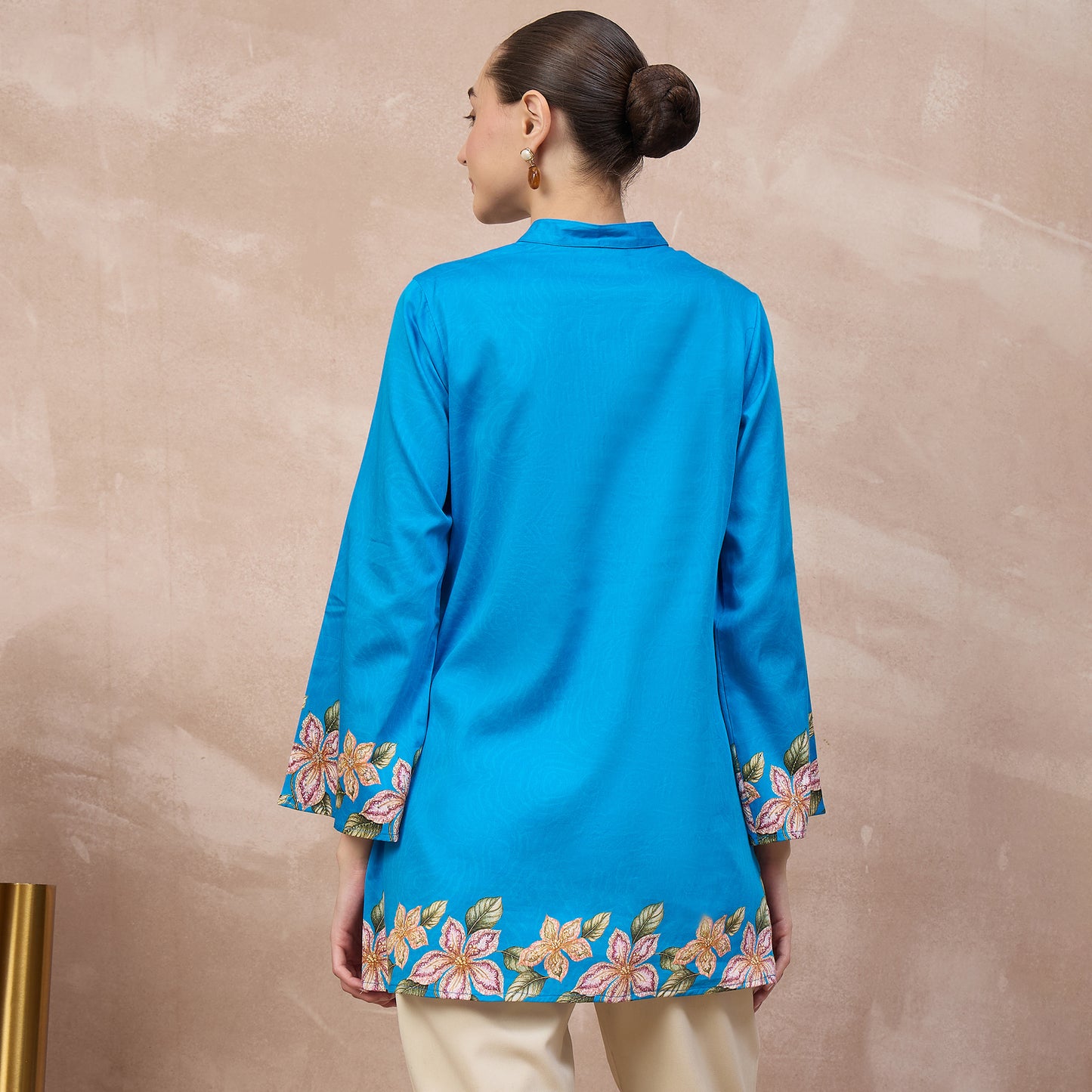 Sky Blue Floral Print Kurta for Women – Cotton Satin – Detail View | First Resort by Ramola Bachchan