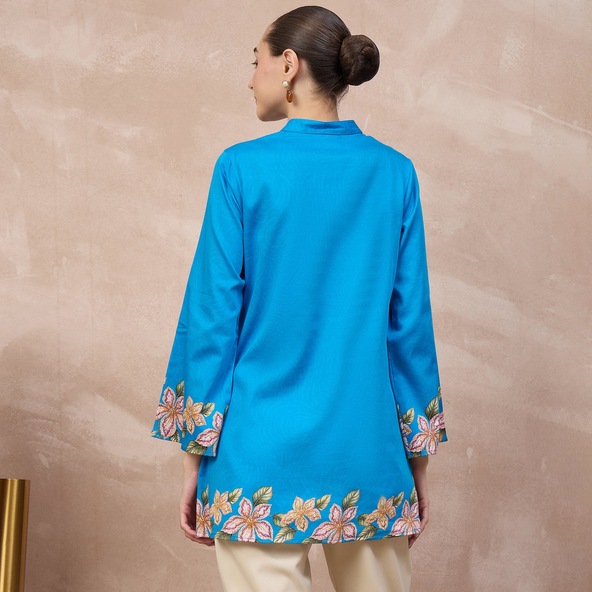 Sky Blue Floral Print Kurta for Women – Cotton Satin – Detail View | First Resort by Ramola Bachchan