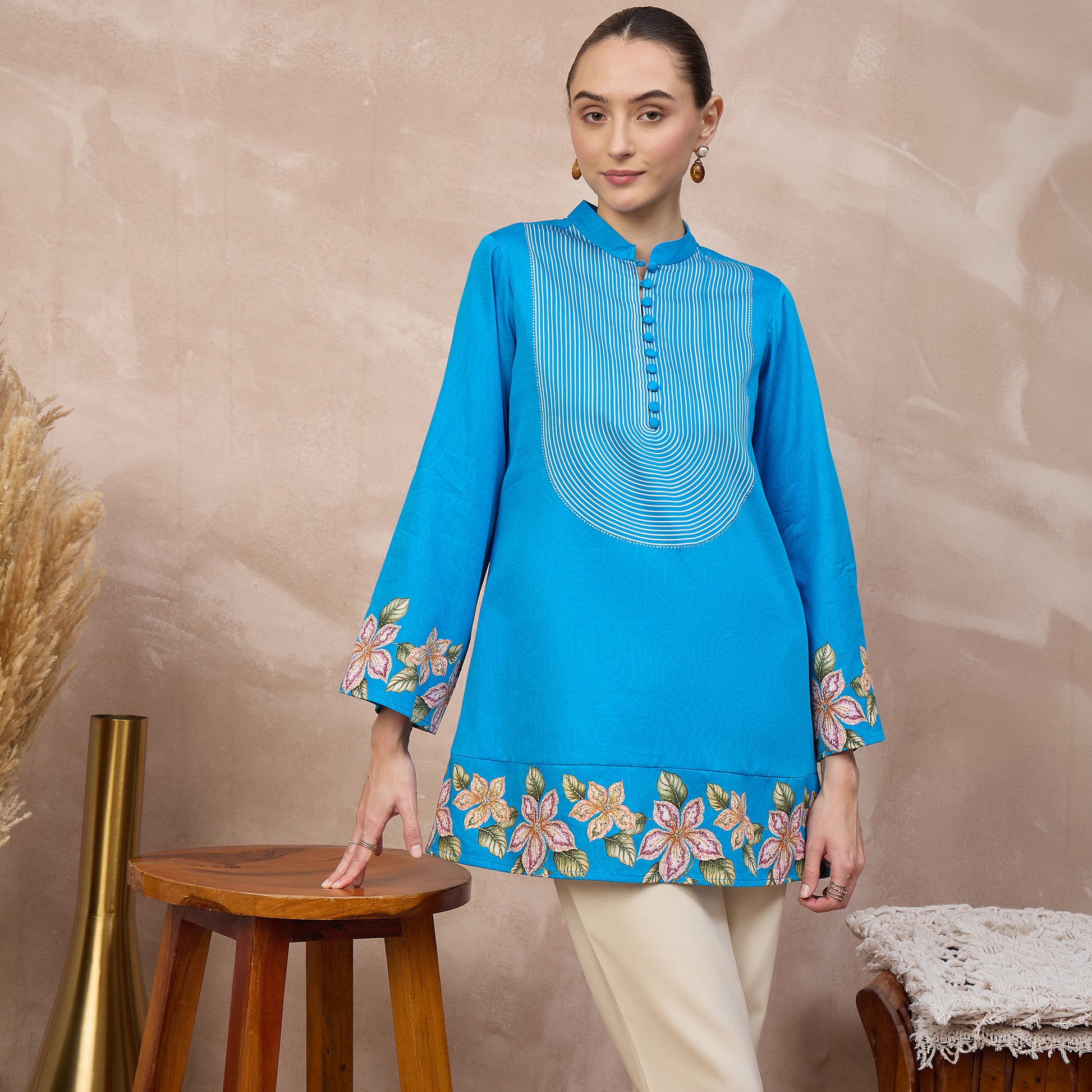 Sky Blue Floral Print Kurta for Women – Cotton Satin – Back View | First Resort by Ramola Bachchan