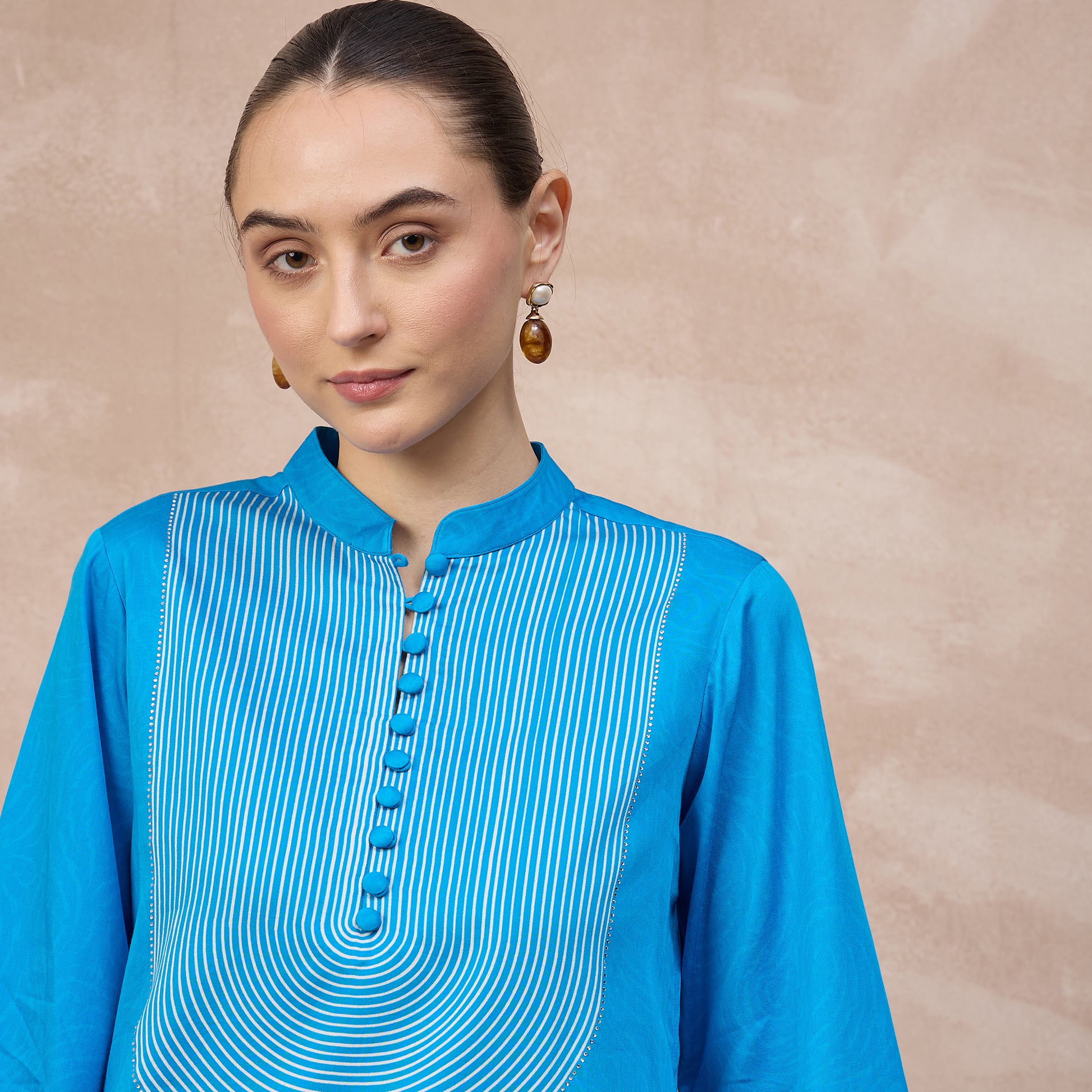 Sky Blue Floral Print Kurta for Women – Cotton Satin – Close Up | First Resort by Ramola Bachchan