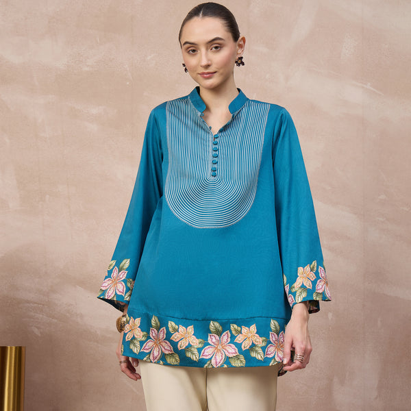 Teal Floral Print Kurta for Women – Cotton Satin | First Resort by Ramola Bachchan