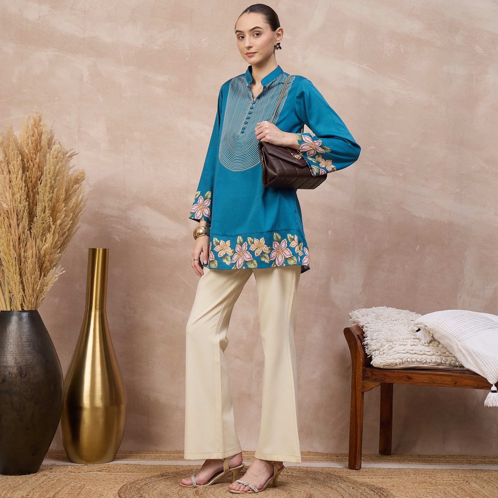 Teal Floral Print Kurta for Women – Cotton Satin – Front View | First Resort by Ramola Bachchan