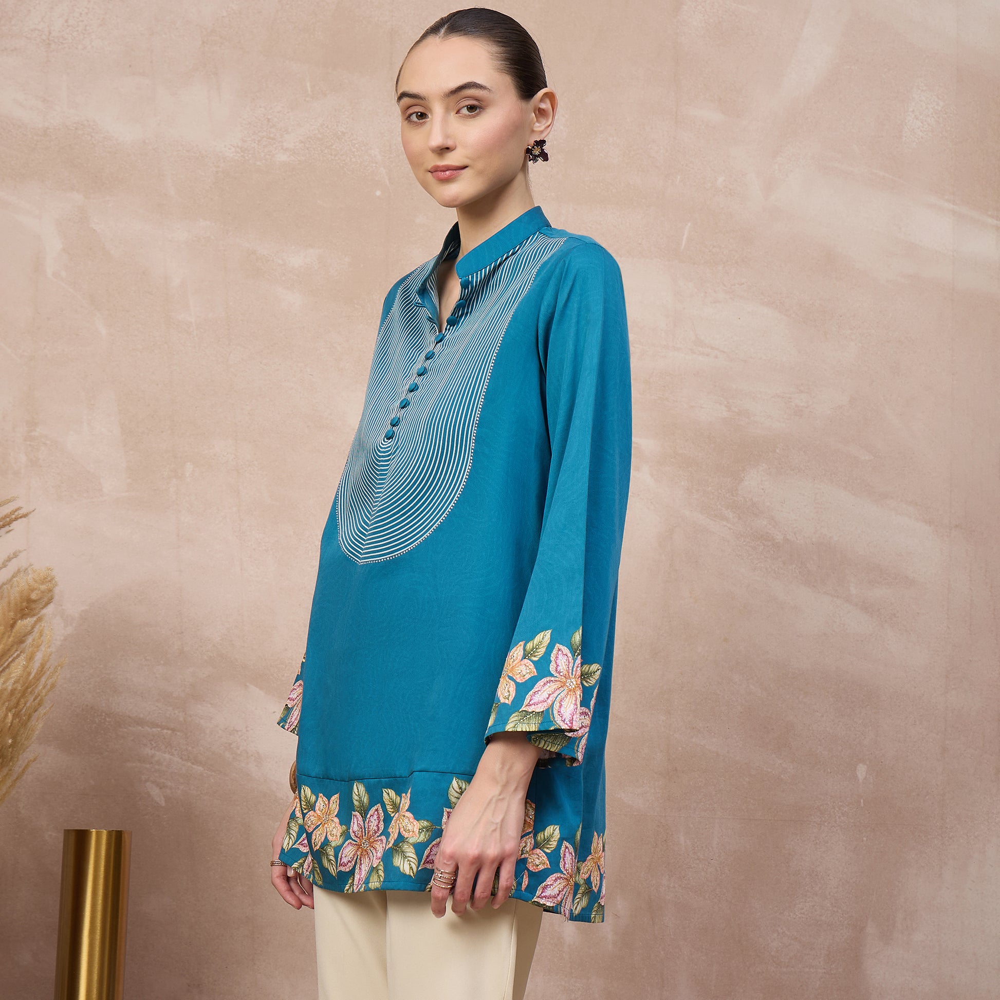 Teal Floral Print Kurta for Women – Cotton Satin – Model View | First Resort by Ramola Bachchan