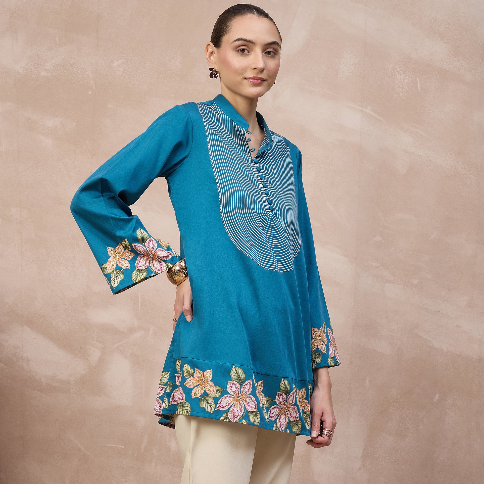 Teal Floral Print Kurta for Women – Cotton Satin – Side View | First Resort by Ramola Bachchan