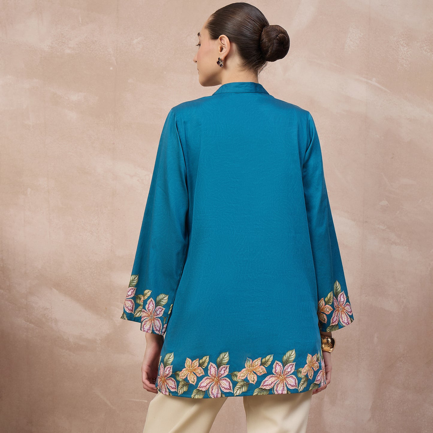 Teal Floral Print Kurta for Women – Cotton Satin – Detail View | First Resort by Ramola Bachchan