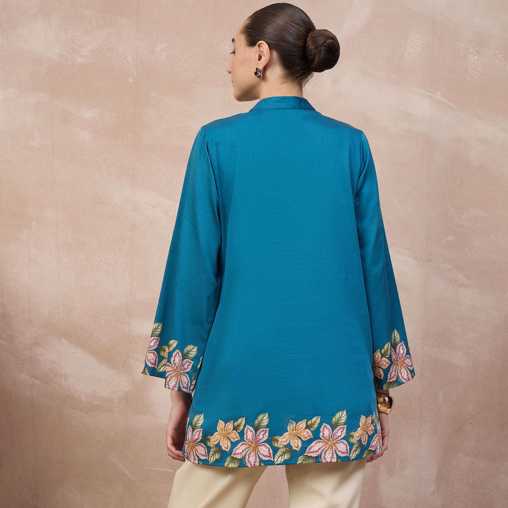 Teal Floral Print Kurta for Women – Cotton Satin – Detail View | First Resort by Ramola Bachchan