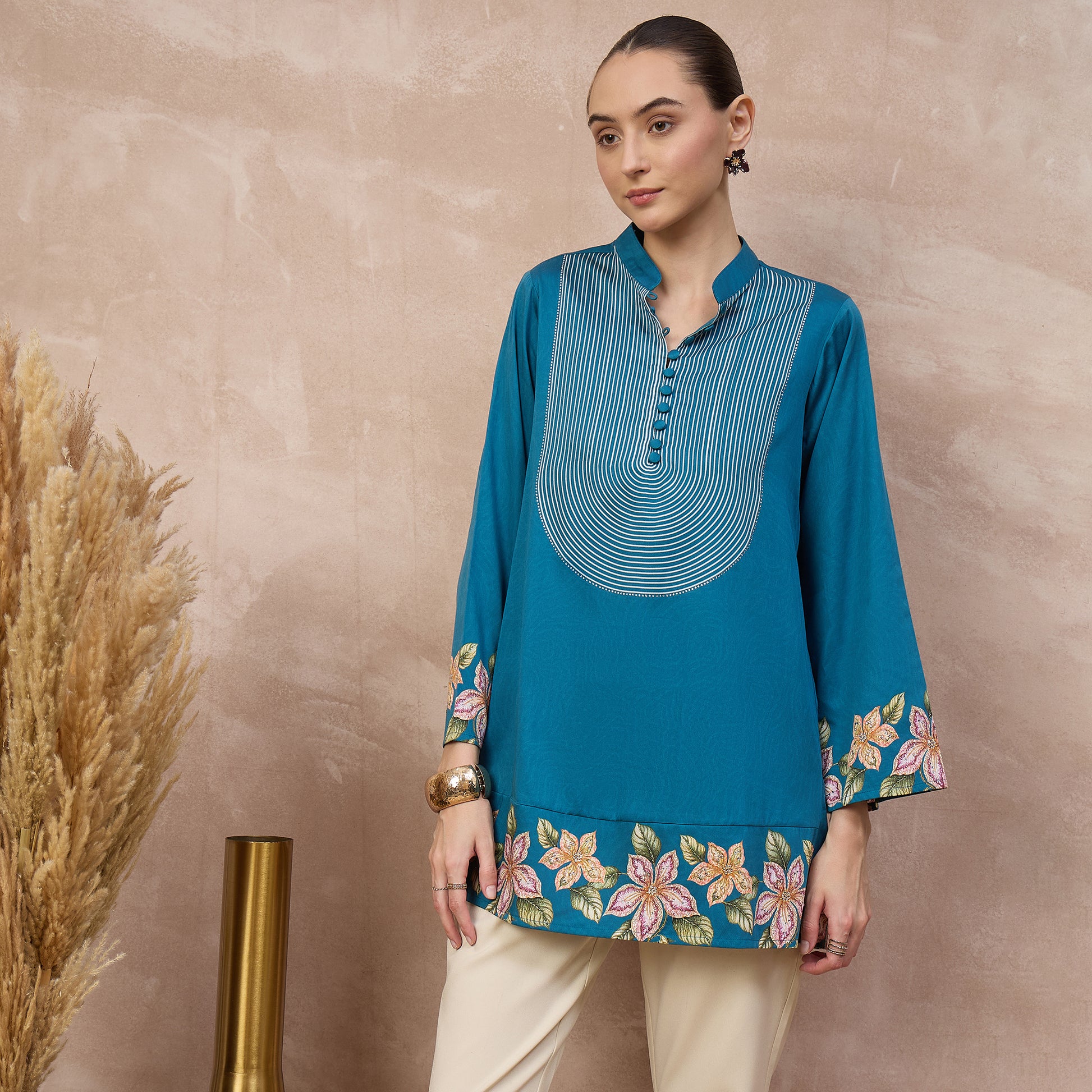 Teal Floral Print Kurta for Women – Cotton Satin – Back View | First Resort by Ramola Bachchan