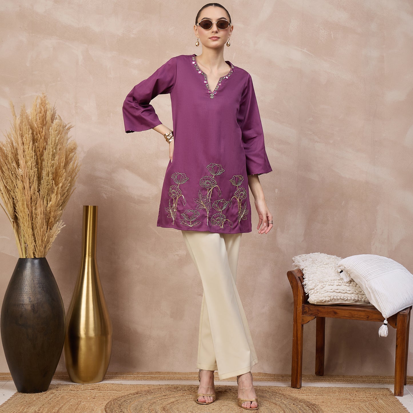 Plum Kurta for Women – Cotton Satin – Front View | First Resort by Ramola Bachchan
