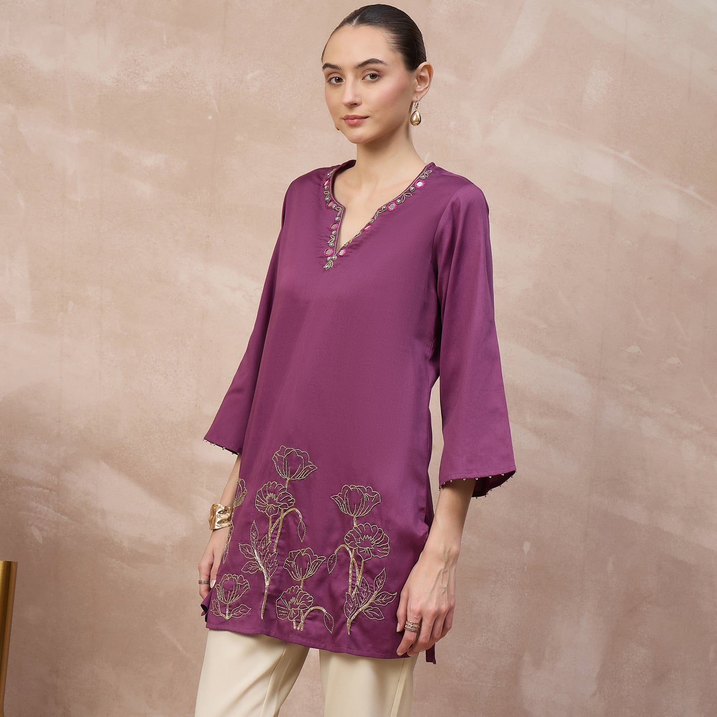 Plum Kurta for Women – Cotton Satin – Model View | First Resort by Ramola Bachchan