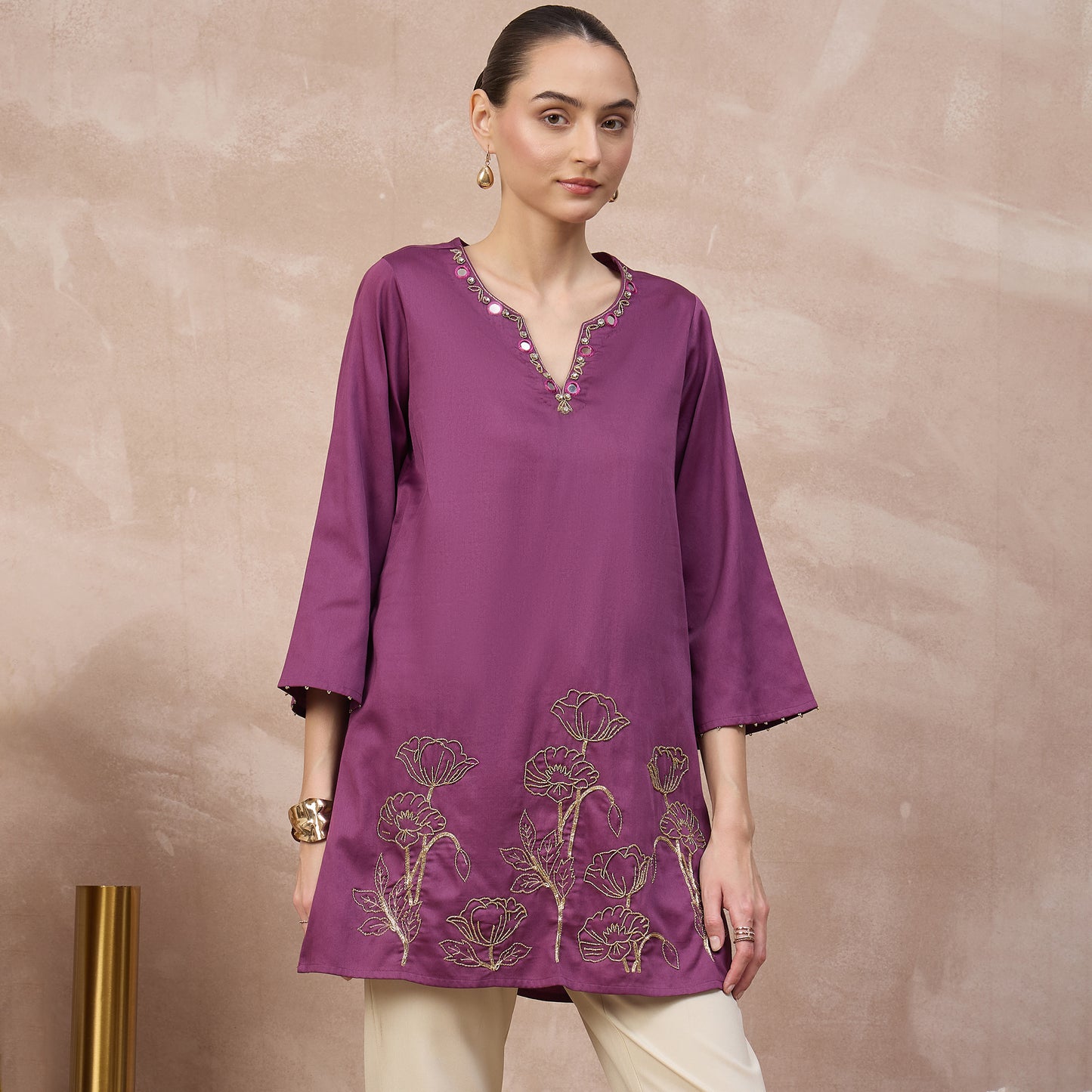 Plum Kurta for Women – Cotton Satin – Side View | First Resort by Ramola Bachchan