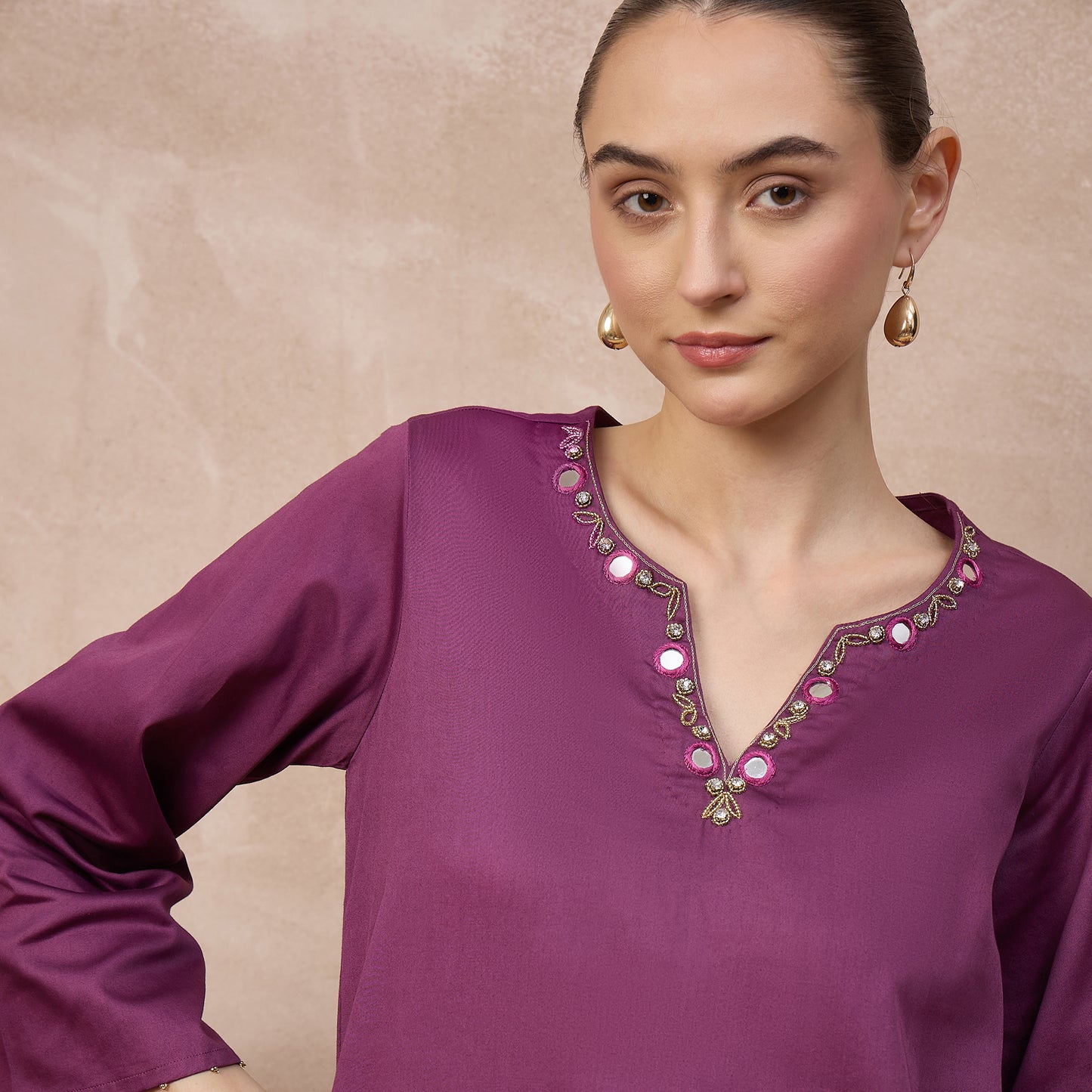 Plum Kurta for Women – Cotton Satin – Close Up | First Resort by Ramola Bachchan