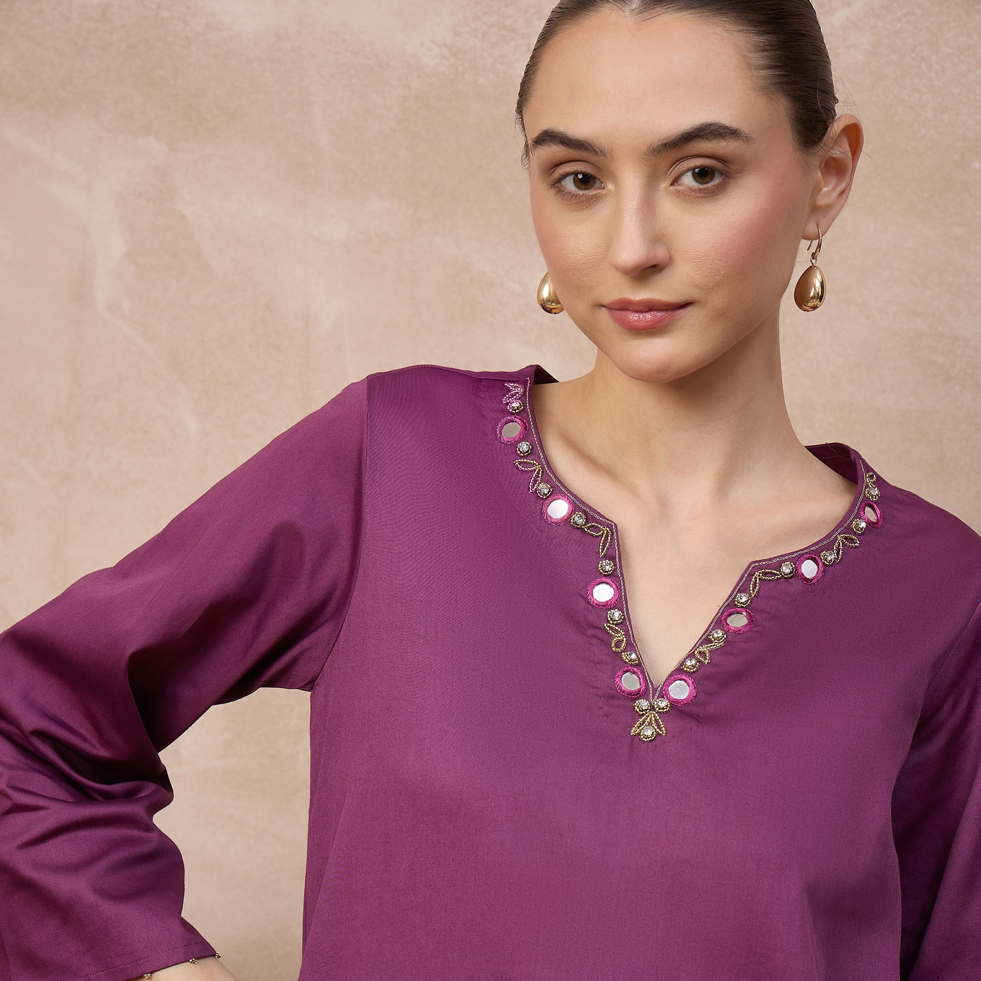 Plum Kurta for Women – Cotton Satin – Close Up | First Resort by Ramola Bachchan