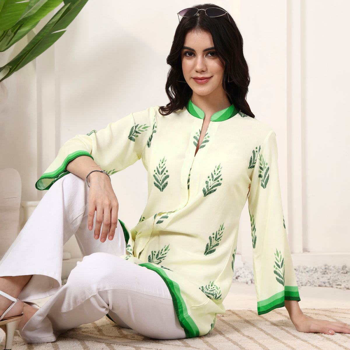 Cream Geometric Print Kurta for Women – Viscose Rayon – Front View | First Resort by Ramola Bachchan