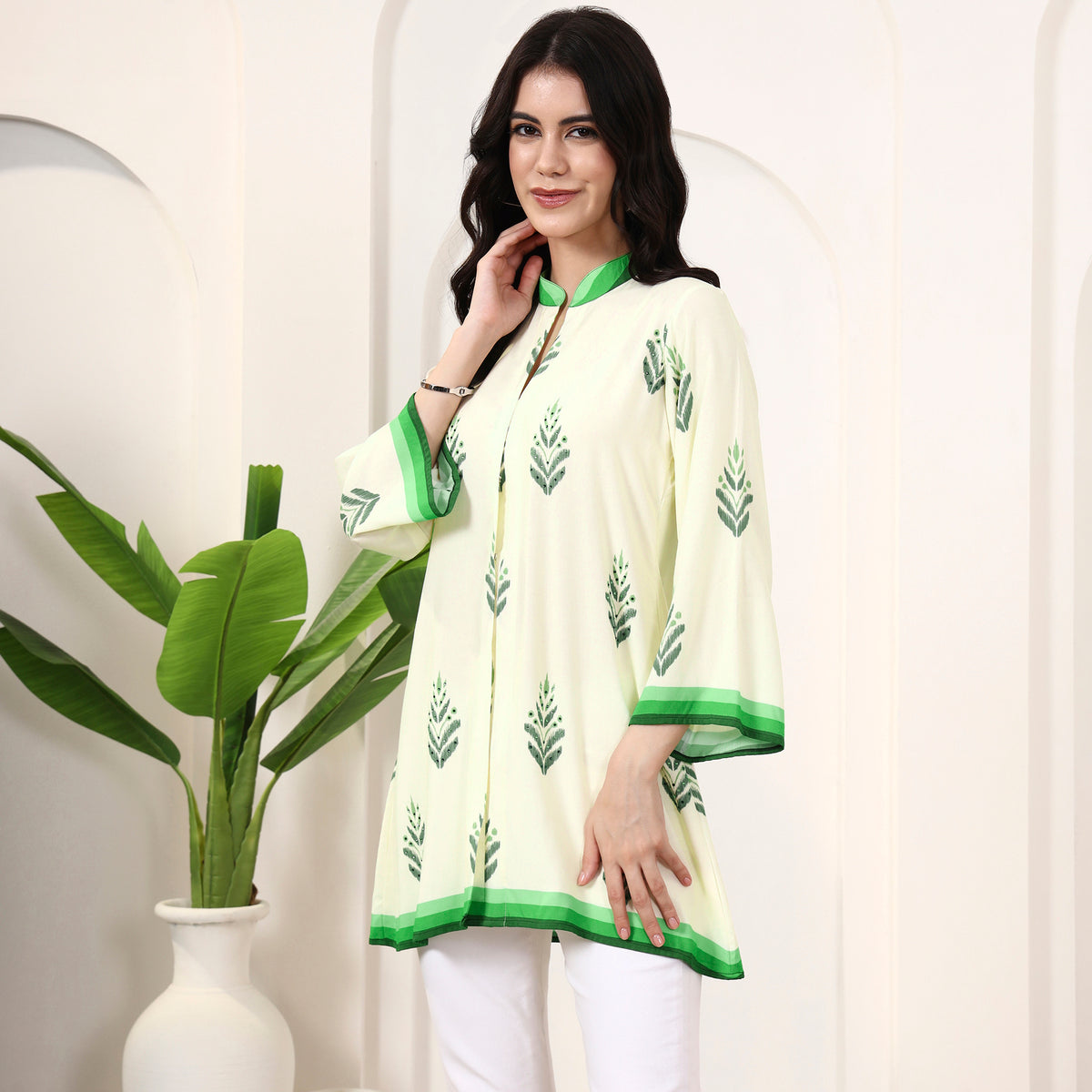 Cream Geometric Print Kurta for Women – Viscose Rayon – Model View | First Resort by Ramola Bachchan