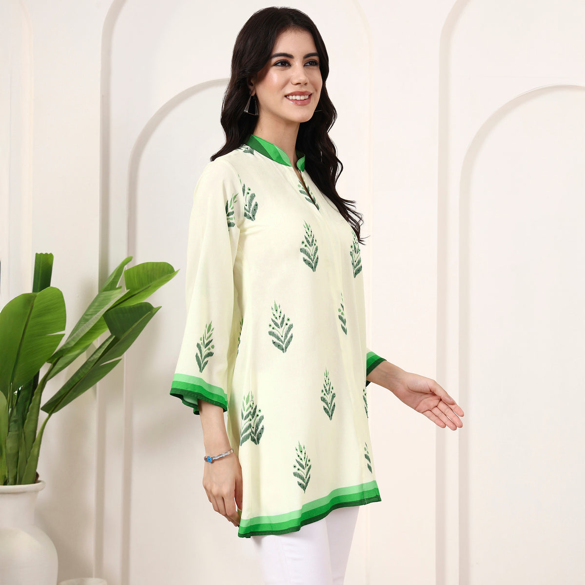 Cream Geometric Print Kurta for Women – Viscose Rayon – Side View | First Resort by Ramola Bachchan