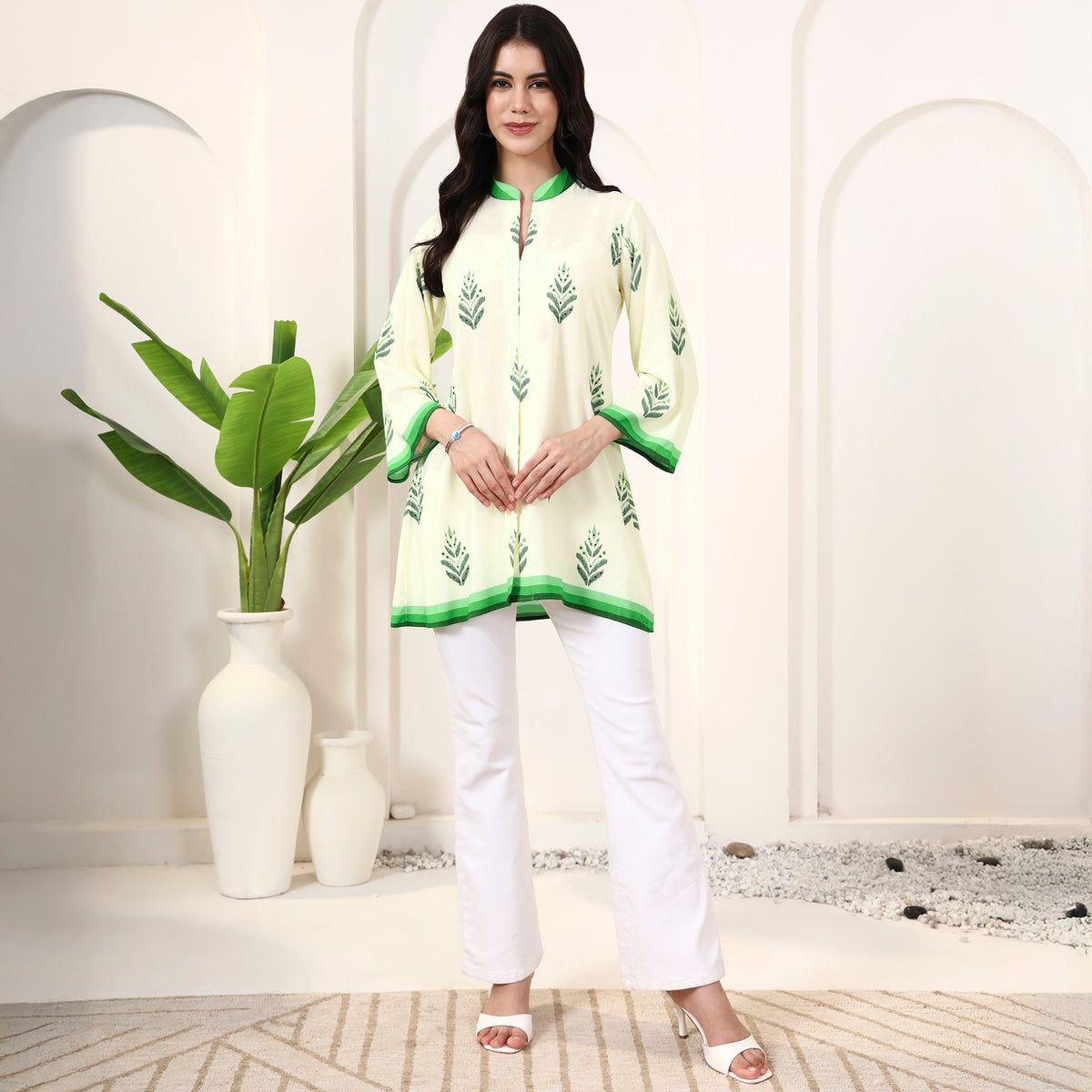Cream Geometric Print Kurta for Women – Viscose Rayon – Close Up | First Resort by Ramola Bachchan