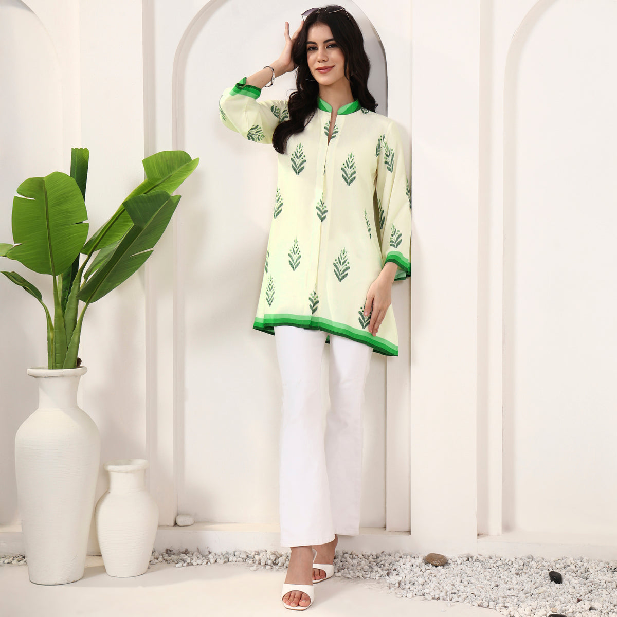 Cream Geometric Print Kurta for Women – Viscose Rayon | First Resort by Ramola Bachchan