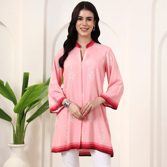 Pink Geometric Print Kurta for Women – Viscose Rayon | First Resort by Ramola Bachchan