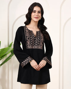 Black Herringbone Yoke Embroidered Kurta