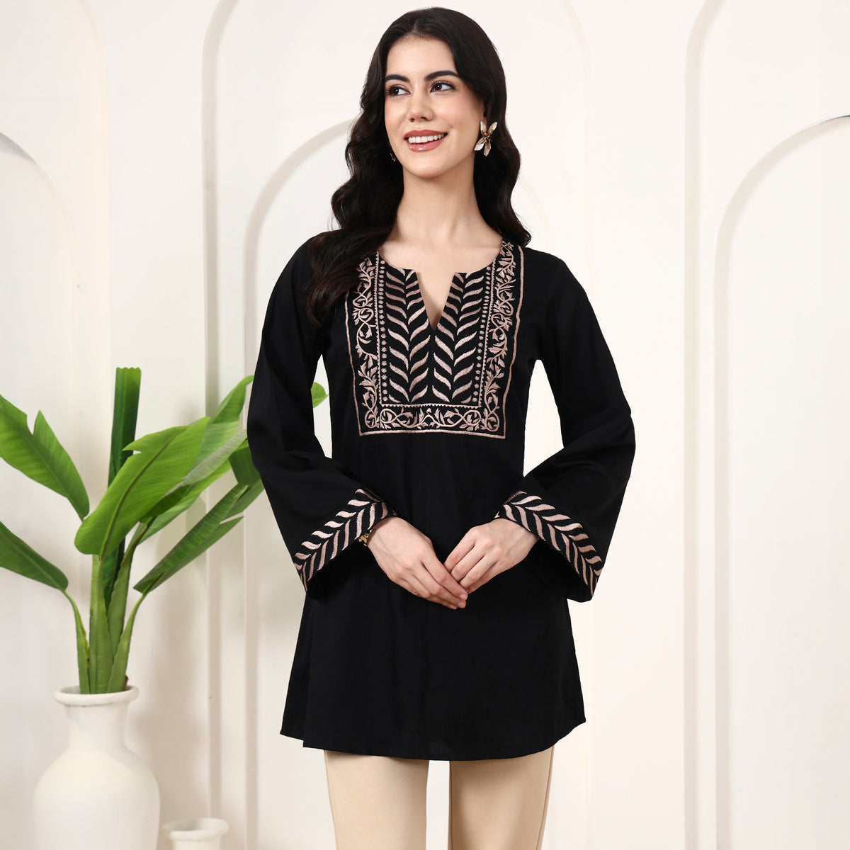 Black Kurta for Women – Cotton Satin – Side View | First Resort by Ramola Bachchan