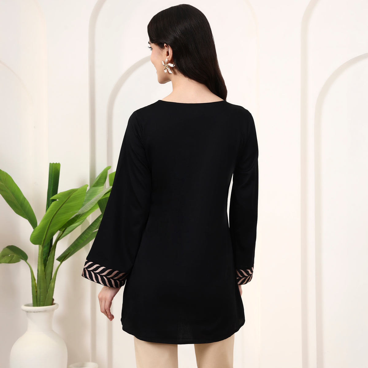 Black Kurta for Women – Cotton Satin – Detail View | First Resort by Ramola Bachchan