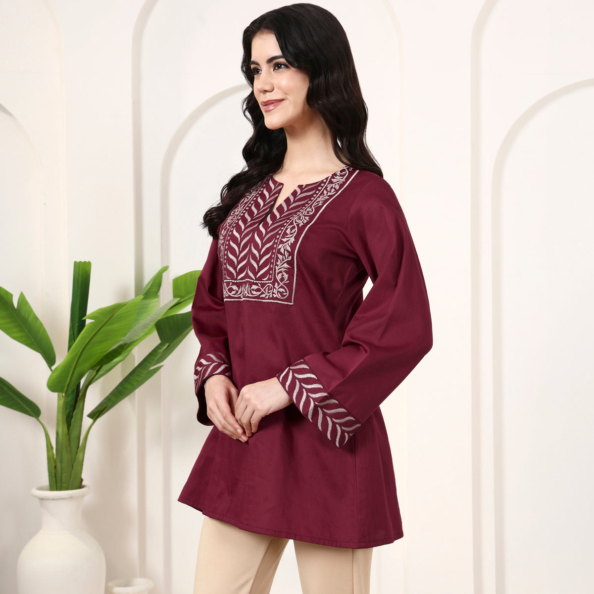 Magenta Kurta for Women – Cotton Satin – Model View | First Resort by Ramola Bachchan