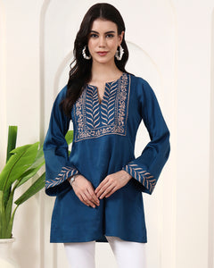 Teal Blue Herringbone Yoke Embroidered Kurta