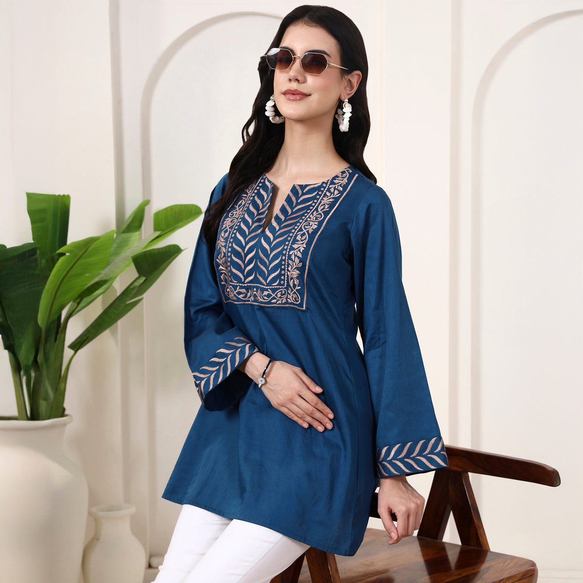 Teal Blue Kurta for Women – Cotton Satin – Front View | First Resort by Ramola Bachchan