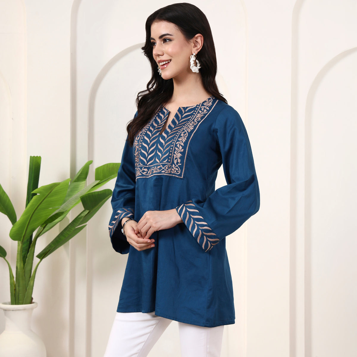 Teal Blue Kurta for Women – Cotton Satin – Model View | First Resort by Ramola Bachchan
